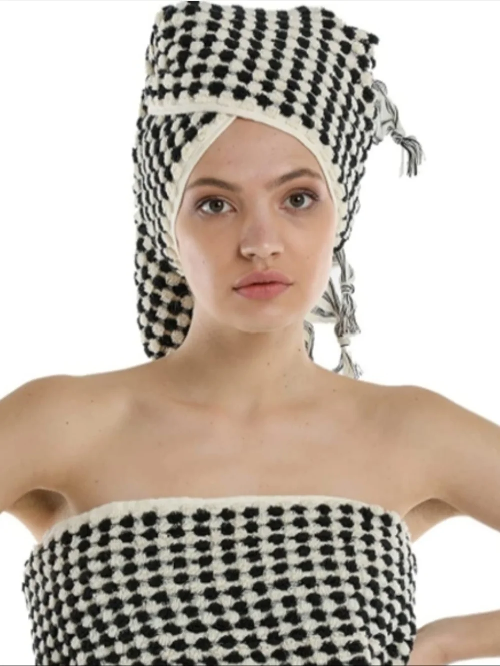Turkish Spa Cotton Hair Towel Peshtemal Black Natural White PomPom Checkerboard